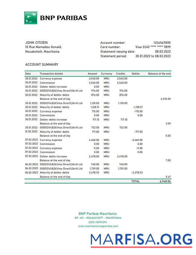 Printable Mauritania BNP Paribas bank statement excel download for verification